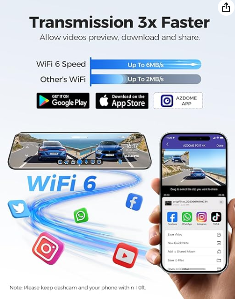 AZDOME PG17 4K Smart Rearview Mirror Dash Cam with GPS and Dual Cameras