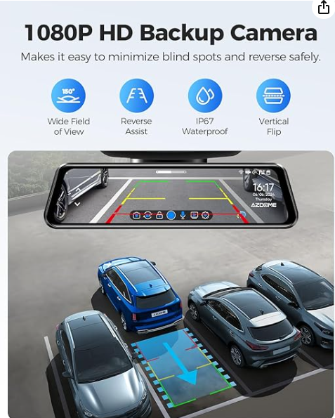 AZDOME PG17 4K Smart Rearview Mirror Dash Cam with GPS and Dual Cameras