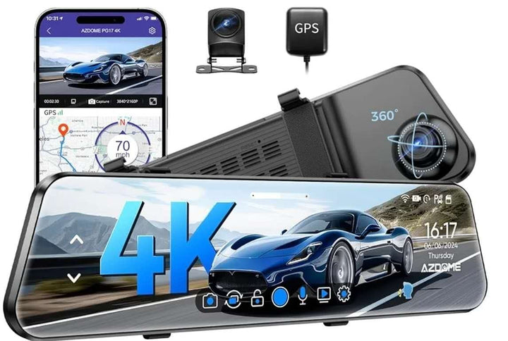 AZDOME PG17 4K Smart Rearview Mirror Dash Cam with GPS and Dual Cameras