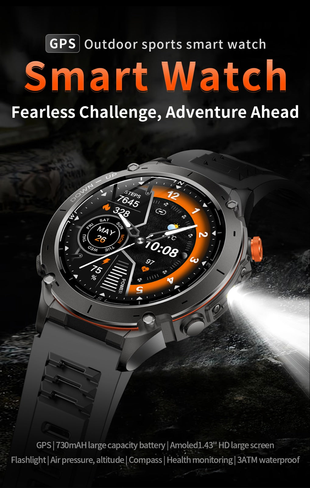 TKYUAN Flashlight Sport Smartwatch – GPS, 3ATM Waterproof, 730mAh Battery & Health Tracking