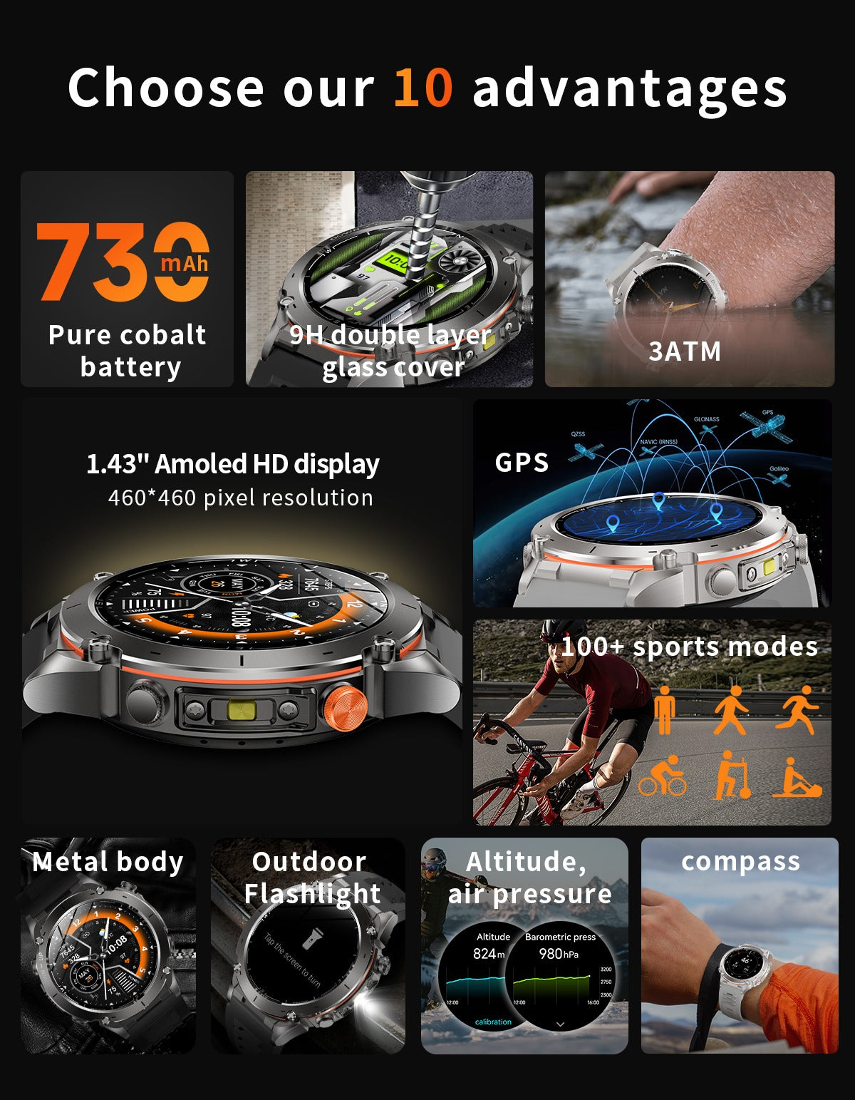 TKYUAN Flashlight Sport Smartwatch – GPS, 3ATM Waterproof, 730mAh Battery & Health Tracking