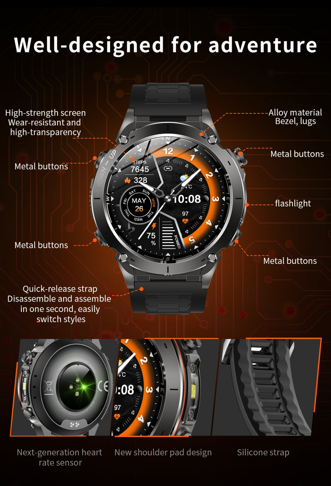 TKYUAN Flashlight Sport Smartwatch – GPS, 3ATM Waterproof, 730mAh Battery & Health Tracking