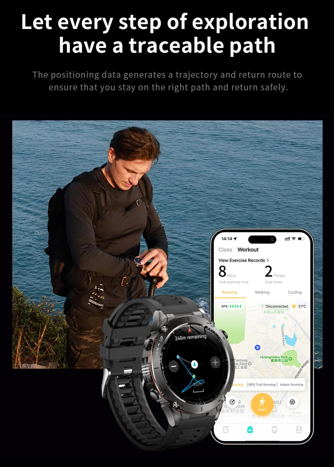 TKYUAN Flashlight Sport Smartwatch – GPS, 3ATM Waterproof, 730mAh Battery & Health Tracking