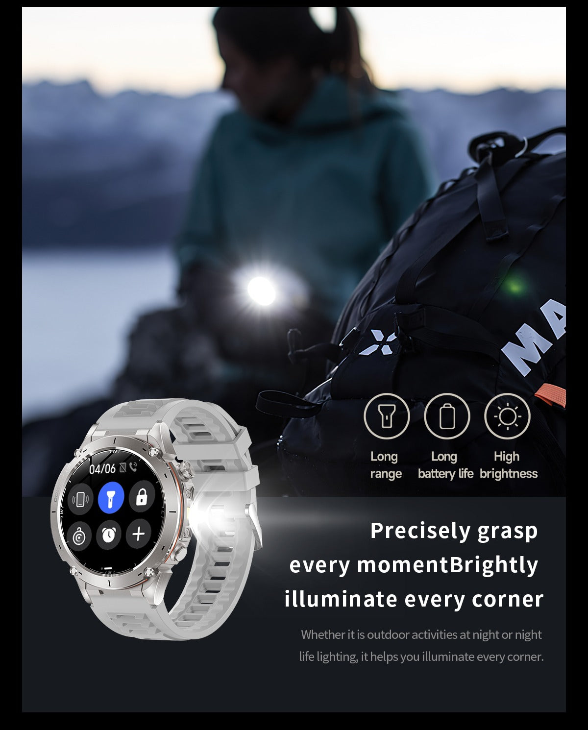 TKYUAN Flashlight Sport Smartwatch – GPS, 3ATM Waterproof, 730mAh Battery & Health Tracking