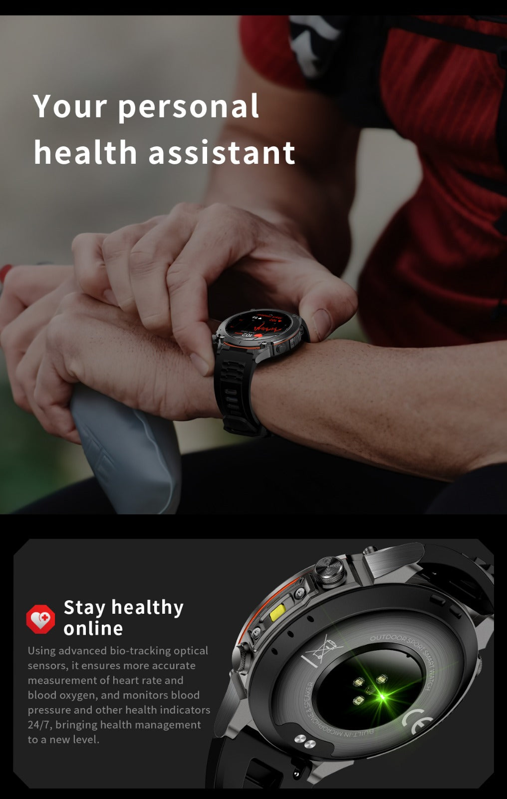 TKYUAN Flashlight Sport Smartwatch – GPS, 3ATM Waterproof, 730mAh Battery & Health Tracking