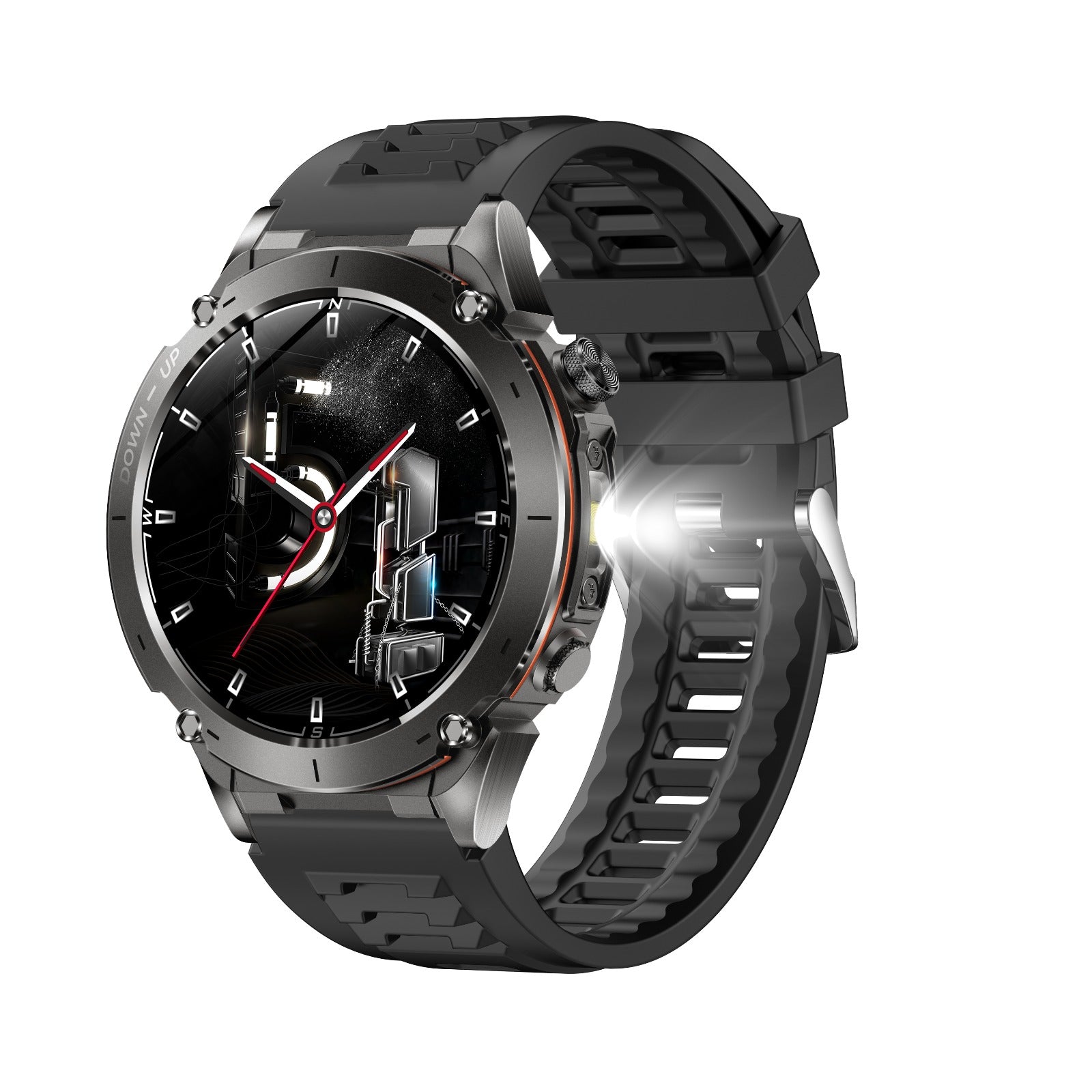 TKYUAN Flashlight Sport Smartwatch – GPS, 3ATM Waterproof, 730mAh Battery & Health Tracking